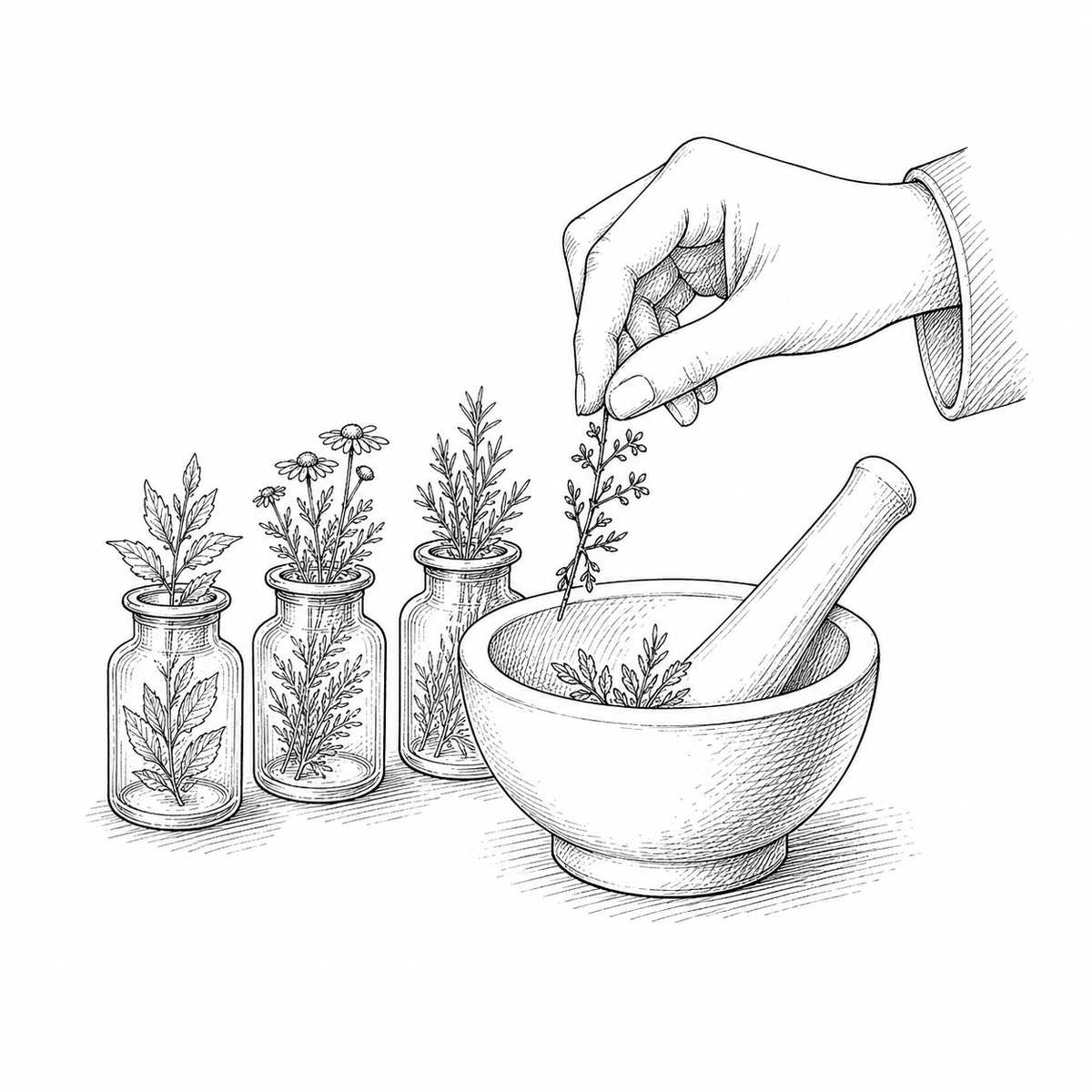 植物療法の知見に基づくハーブティーづくりのイラスト
